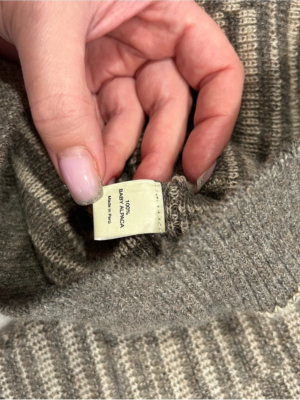 100% Baby Alpaca Zip Front Sweater Cardigan Gray Beige Striped Size S Peru Farm